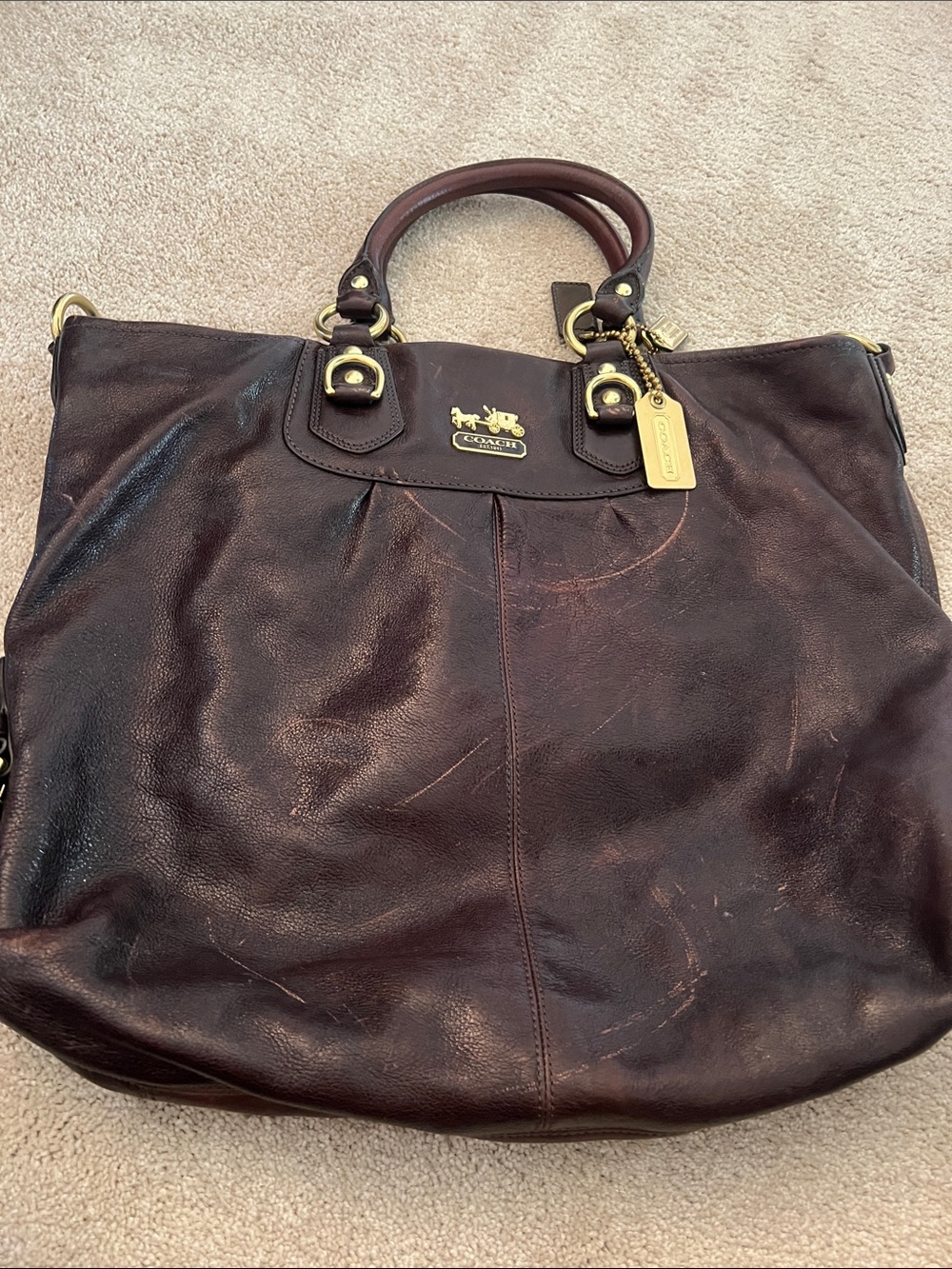 Vintage Coach Brown Pebbled Leather Tote with Gold Hardware